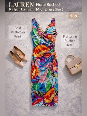 Lauren Ralph Lauren Floral Ruched Midi Dress Size 6 NWT Colorful Statement
